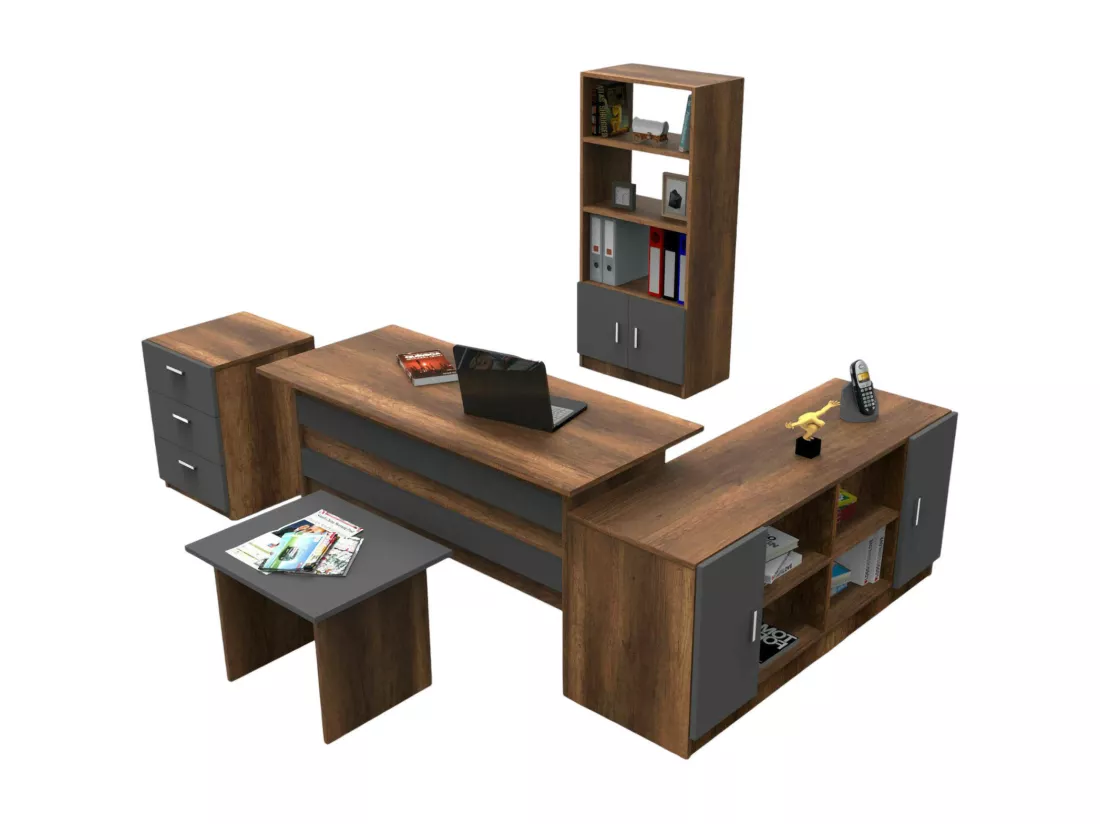 Set de bureau Drasmusse, Composition du studio, Kit de bureau, Ensemble de bureau et de tiroirs, Noyer et Anthracite