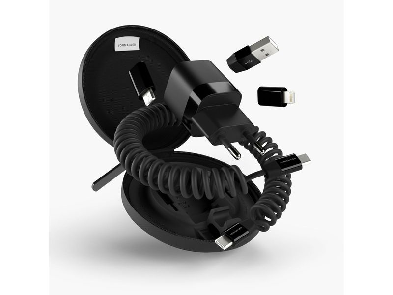 Vonmählen USB-Ladekabel Allroundo GaN All-in-One Schwarz All-in-One-Lade- und Datenkabel mit Schnellladefunktion und inkludiertem Ladegerät