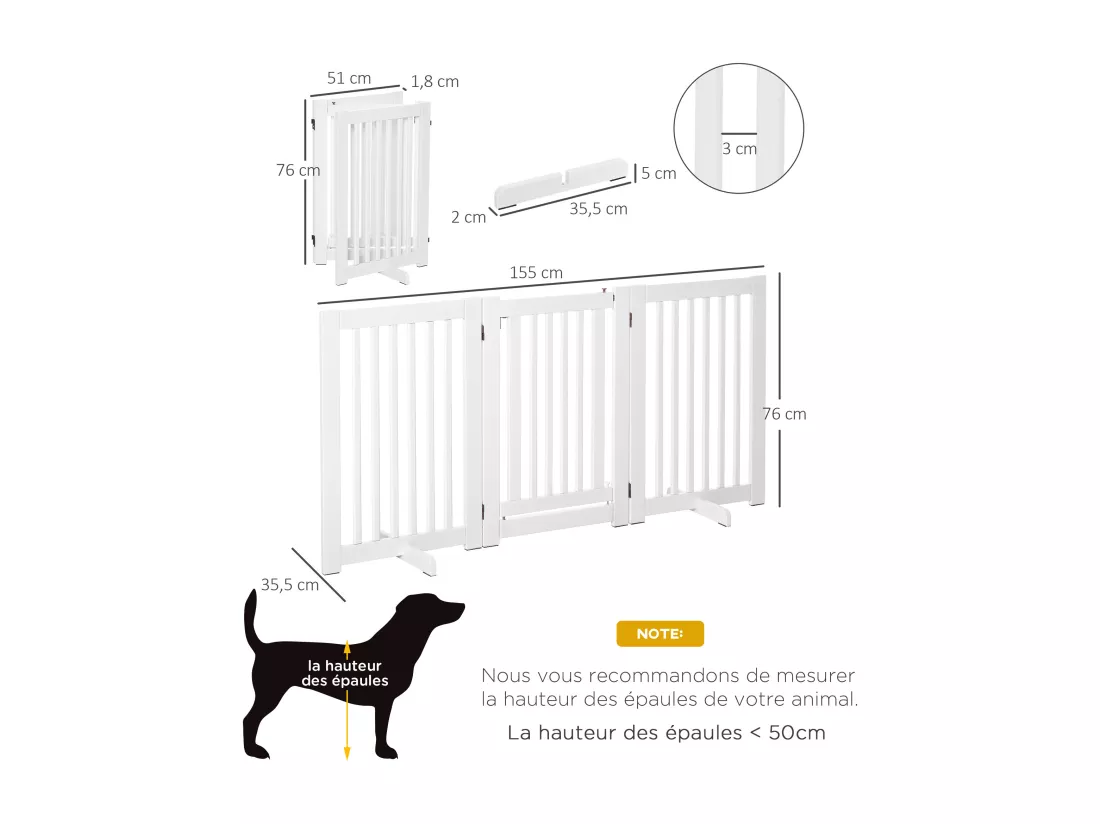 Barrière modulable pliable barrière de sécurité avec porte verrouillable intégrée dim. 155L x 35l x 76H cm MDF blanc