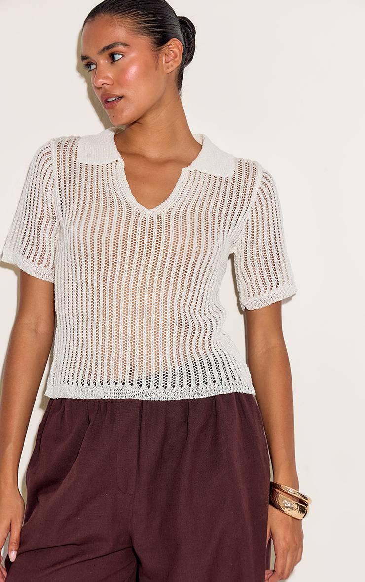 Crème Haut Polo En Maille À Col V