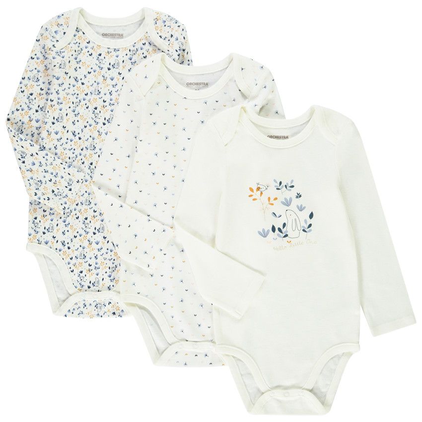 Lot de 3 bodies manches longues en jersey imprimé fleuri pour bébé fille - Ecru