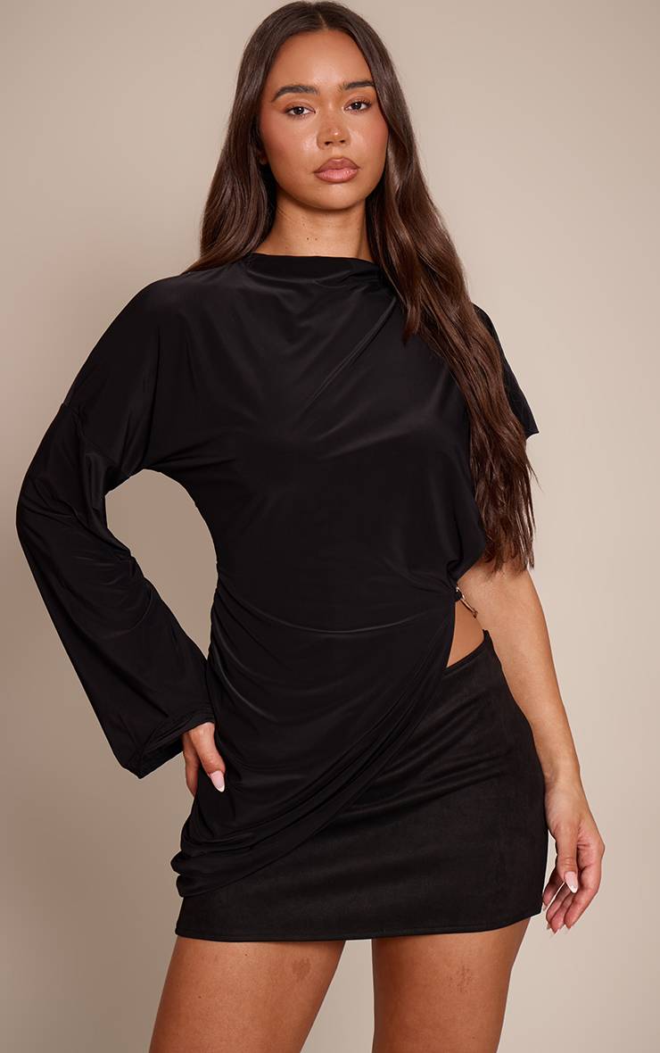 Noir Top À Manches Longues Oversize En Tissu Slinky Double Épaisseur Avec Détail Drapé
