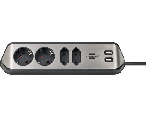 Brennenstuhl estilo hoekstekkerdoos, 4 stopcontacten + 2 USB-poorten, 45° hoek, zilver/zwart, 2 m