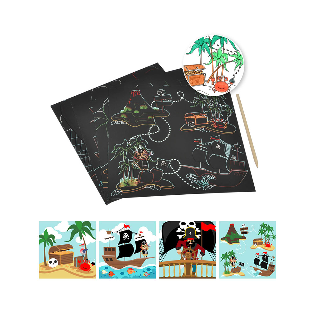 Lot de 4 cartes à gratter thème pirates 20x20cm