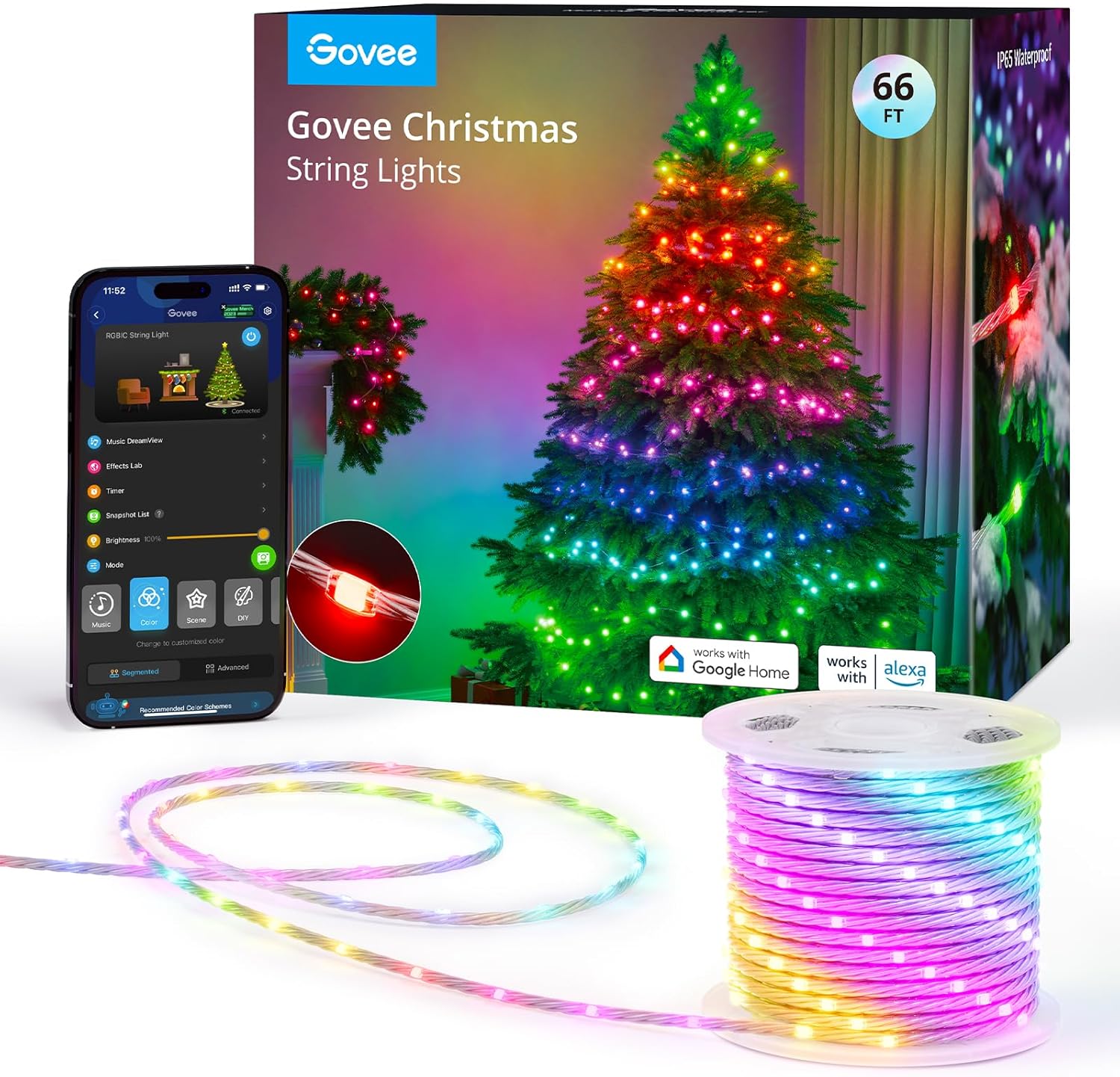 Govee Christmas Lights 66ft, Smart RGBIC Halloween Lights App-Controlled, 99+ Scene Modes, IP65 Waterproof, Sync with Music, Works with Alexa, String Lights for Christmas Halloween Decorations