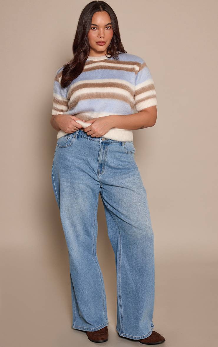 Mid Blue Wash Jean Droit Taille Haute Stretch Bleu Moyen Grande Taille