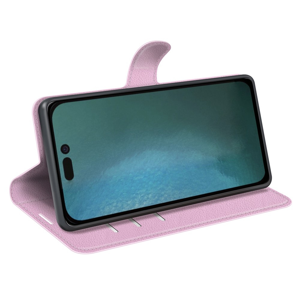 iPhone 14 Leder Tasche Flip Cover Litchi Look - Rosa