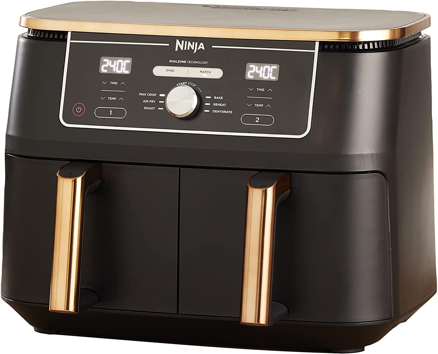 NINJA Foodi MAX Dual Zone Air Fryer, 2 Tiroirs, 9,5L, 6-en-1, Sans Huile, Air Fry, Max Crisp, Rôtir, Cuire, Paniers Antiadhésifs Lavables Au Lave-Vaisselle, Cuivre/Noir AF400EUCP