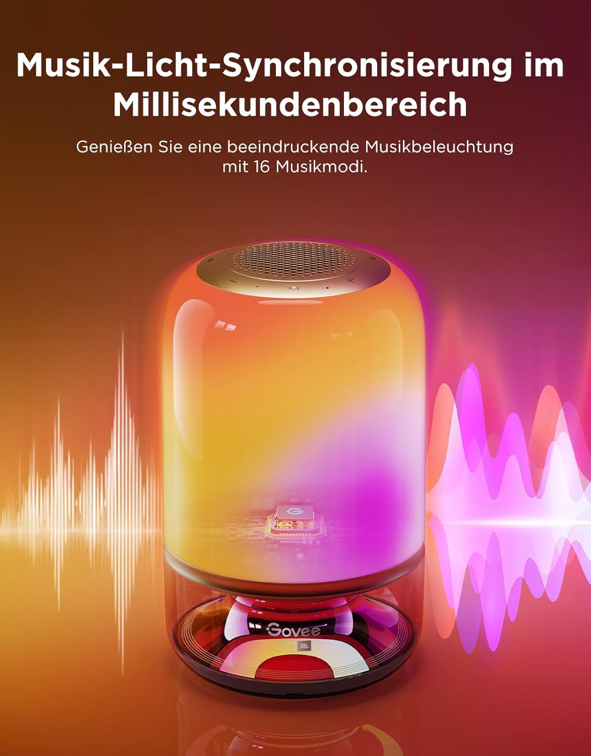 Govee Tischlampe 2 Pro x Sound von JBL (Kein Adapter), kabellose LED Tischlampe mit Lautsprecher, Musik-Licht-Sync, 16 Musik- & 100+ Szenenmodi, Matter-kompatibel, Wiederaufladbare Nachttischlampe