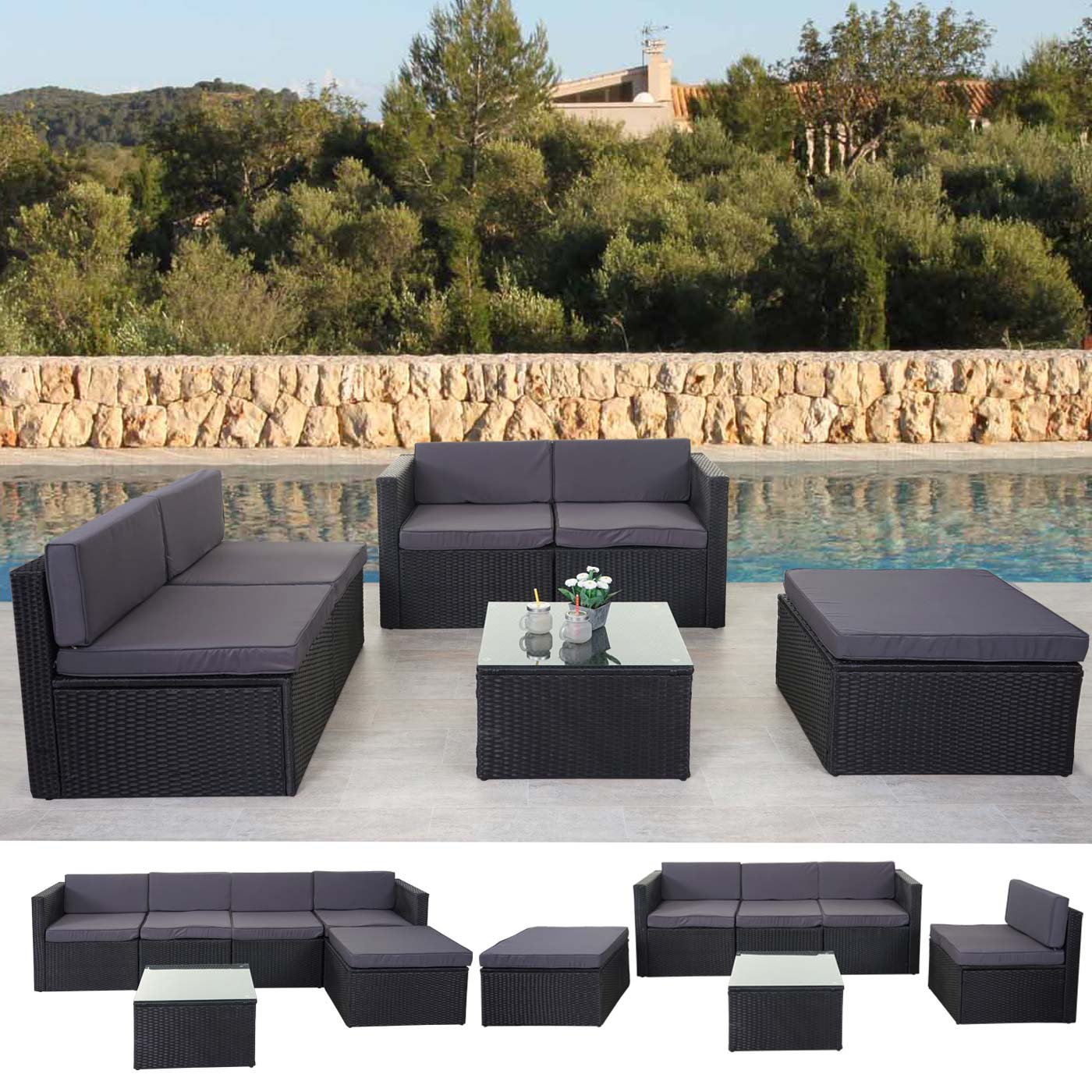 Poly-Rattan-Garnitur MCW-D24, Garten-/Lounge-Set Sofa ~ anthrazit, Polster dunkelgrau