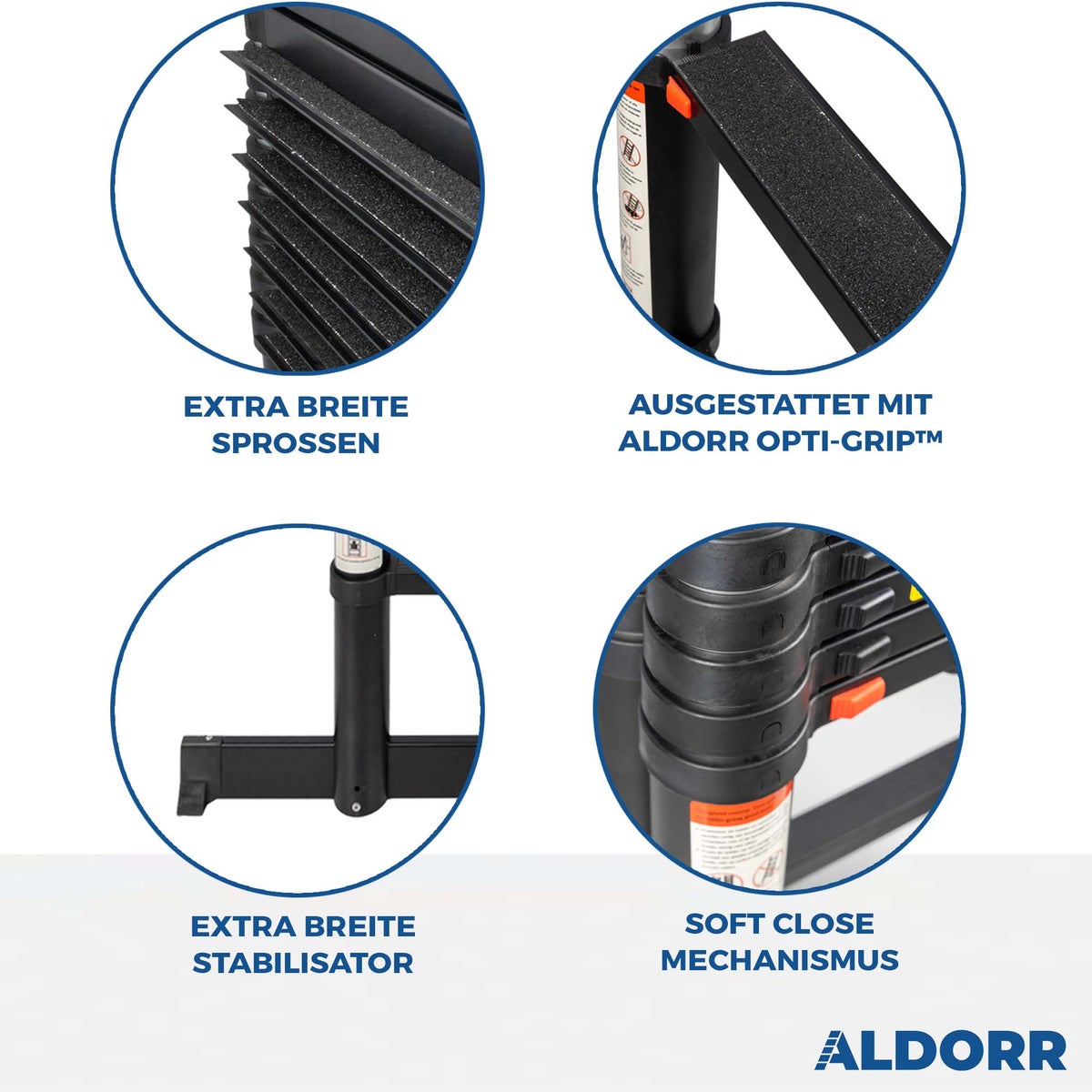 ALDORR Professional - Telescopische ladder van 3,20 m met uitschuifbare stabilisatiestang - Draagvermogen tot 150 kg - Soft-Close systeem