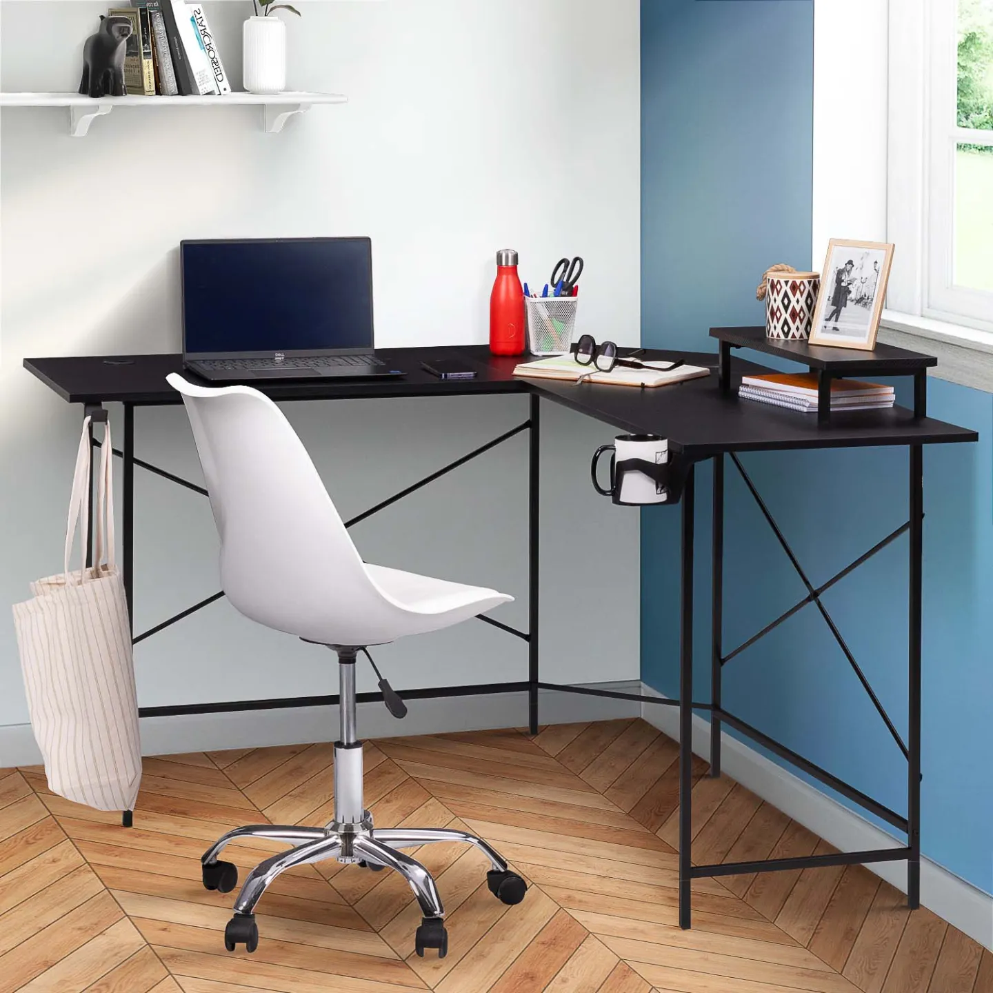 Bureau gaming d'angle noir ALEXIS support pour écran porte gobelet et accessoires