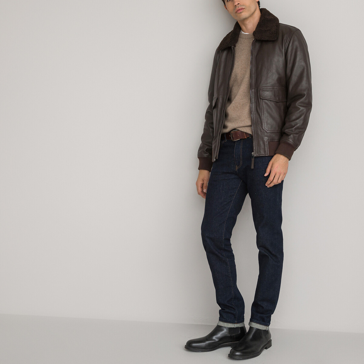 COLEÇÕES LA REDOUTE<br>Jaqueta aviador em couro liso, gola em sherpa