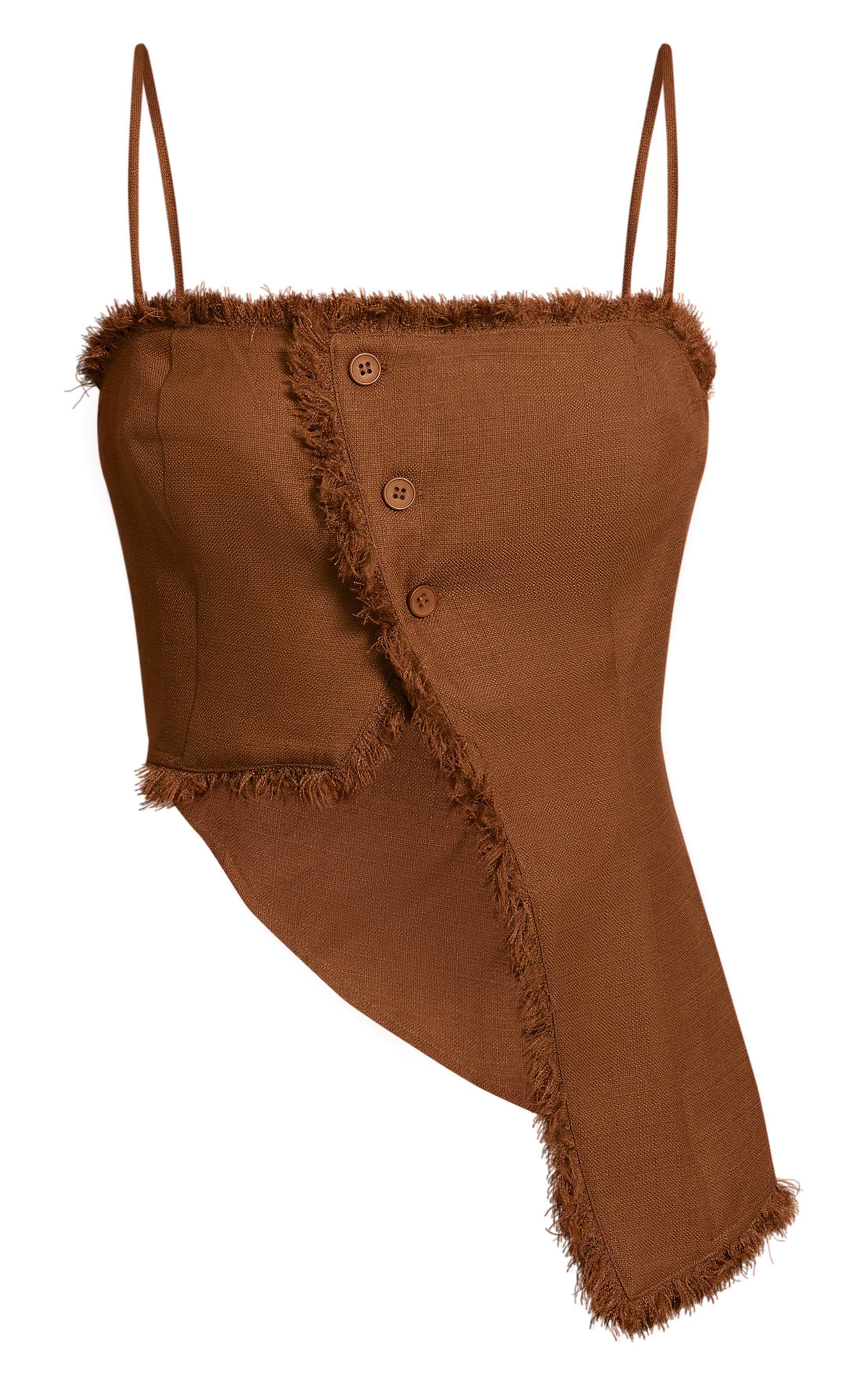 Chocolat Haut Asymétrique Texturé Tissé À Ourlet Brut Avec Boutonnage