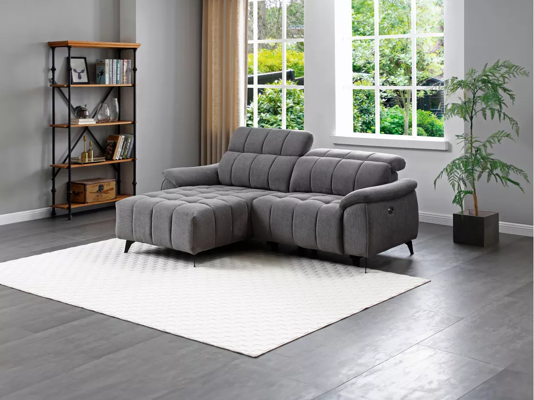 Canapé d'angle gauche relax électrique en tissu texturé gris CELTIMO