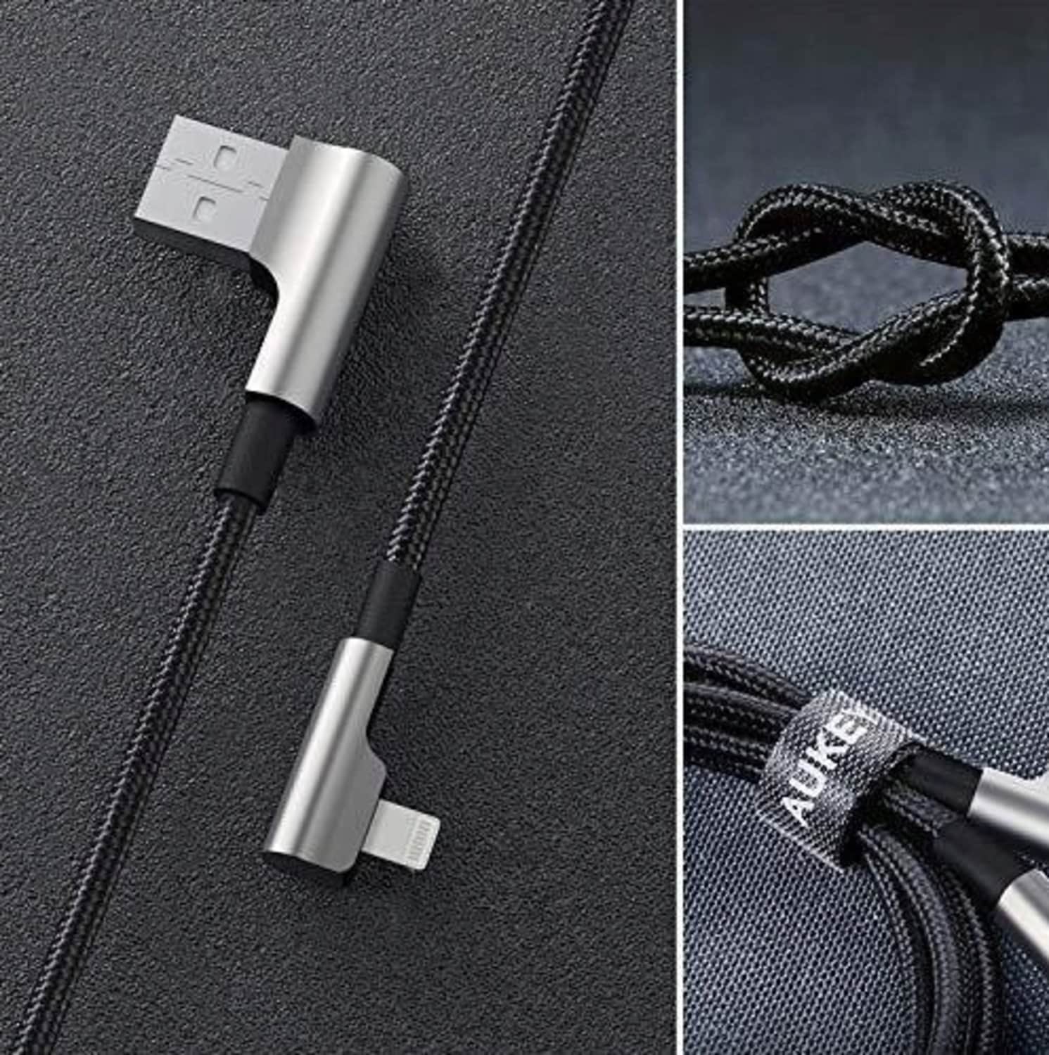 AUKEY CB-AL01 2 Stück IPhone Ladekabel Set USB-Nylonkabel - Lightning, 2m, 2 Stück, 90-Grad-Stecker, Apple MFi-Zertifikat