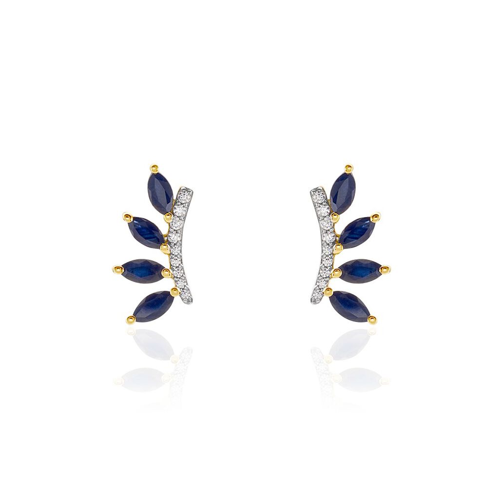 Boucles D'oreilles Puces Navette Or Jaune Saphir Diamant