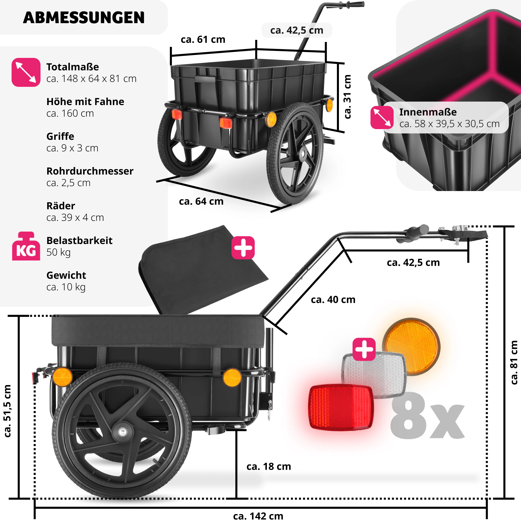 tectake® Fahrradanhänger, 2 in 1 multifunktional, luftgefüllte Profilreifen mit Kugellager, Belastbarkeit 50 kg, 70 Liter, ca. 148 x 64 x 81 cm