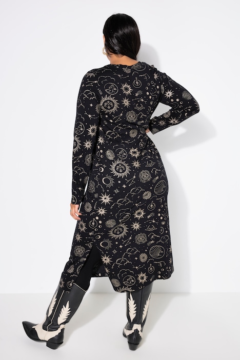 Jersey-Midikleid, A-Linie, Astro-Muster, Langarm