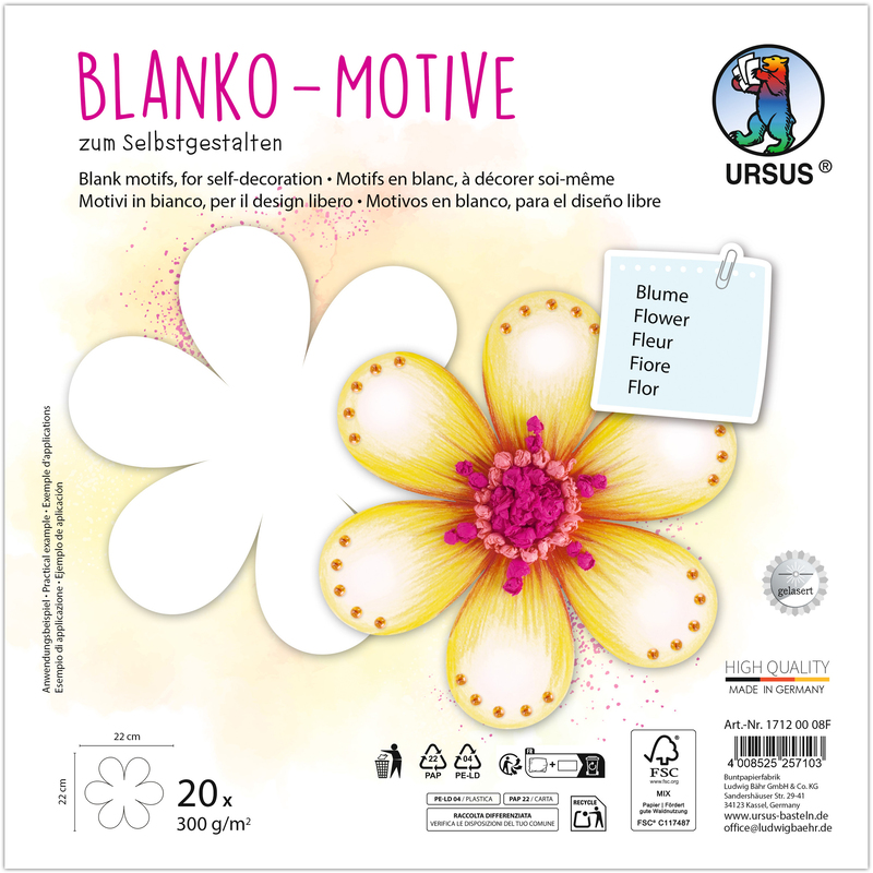 Ursus Bastelpapier, Blanko-Motive, Blume, 23 x 23 cm, weiss, 20 Blatt