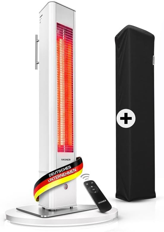 VASNER HeatTower weiß + AirCape schwarz – Infrarot Standheizstrahler 2500 Watt mit Abdeckhaube, Heizstrahler Terrasse, 4 Heizstufen, Fernbedienung, Terrassenstrahler elektrisch, IP65 Outdoor Schutz