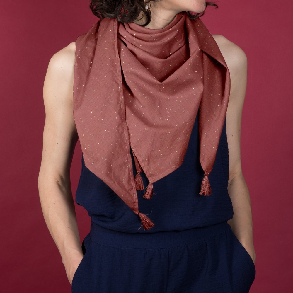 Foulard Pompon Gaze Pois Or Rouille
