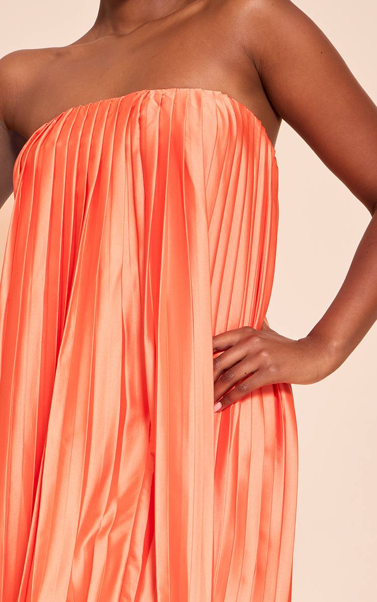 Bright Orange Robe Longue Bustier Plissée En Satin