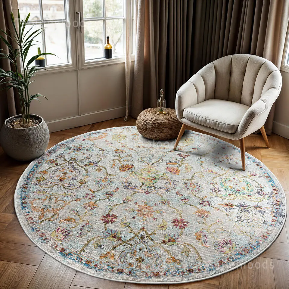 Picasso Sarough Vintage Rond Vloerkleed Creme / Beige Laagpolig - 240 CM ROND