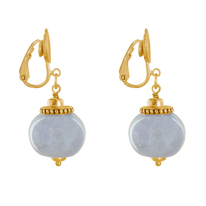 Boucles d'Oreilles Clip Métal Doré et Grosses Perles en Céramique
