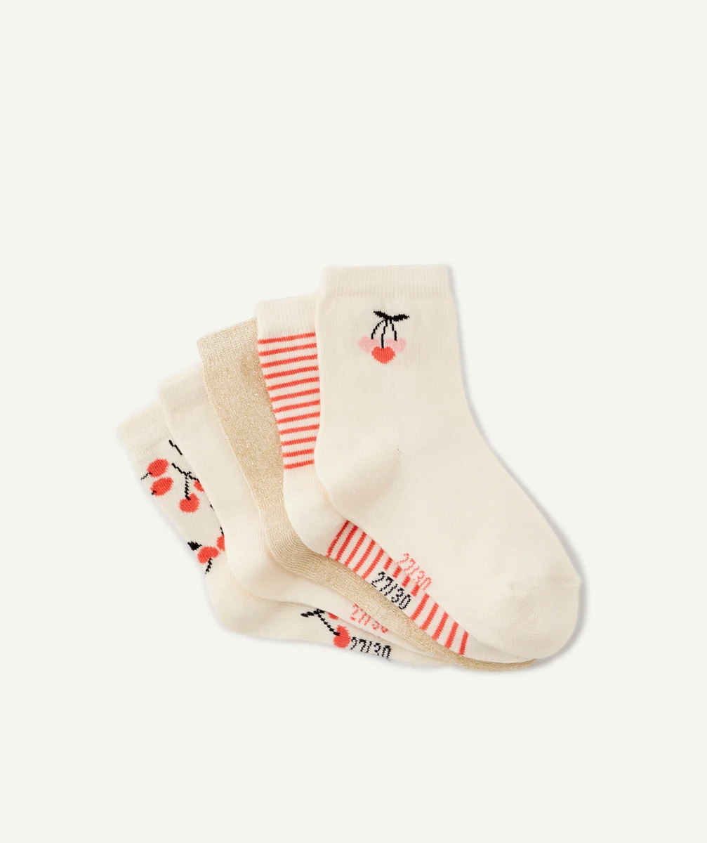 LOT DE 5 CHAUSSETTES HAUTES FILLE ÉCRU ET ROSE AVEC CERISES
