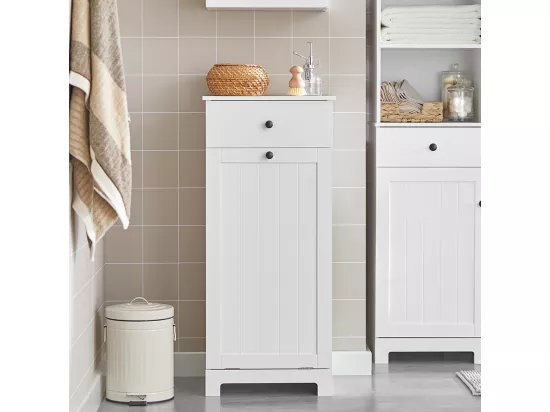 Meuble Bas de Salle de Bain Armoire Toilette avec 1 tiroir et 1 Panier à Linge, BZR21-W