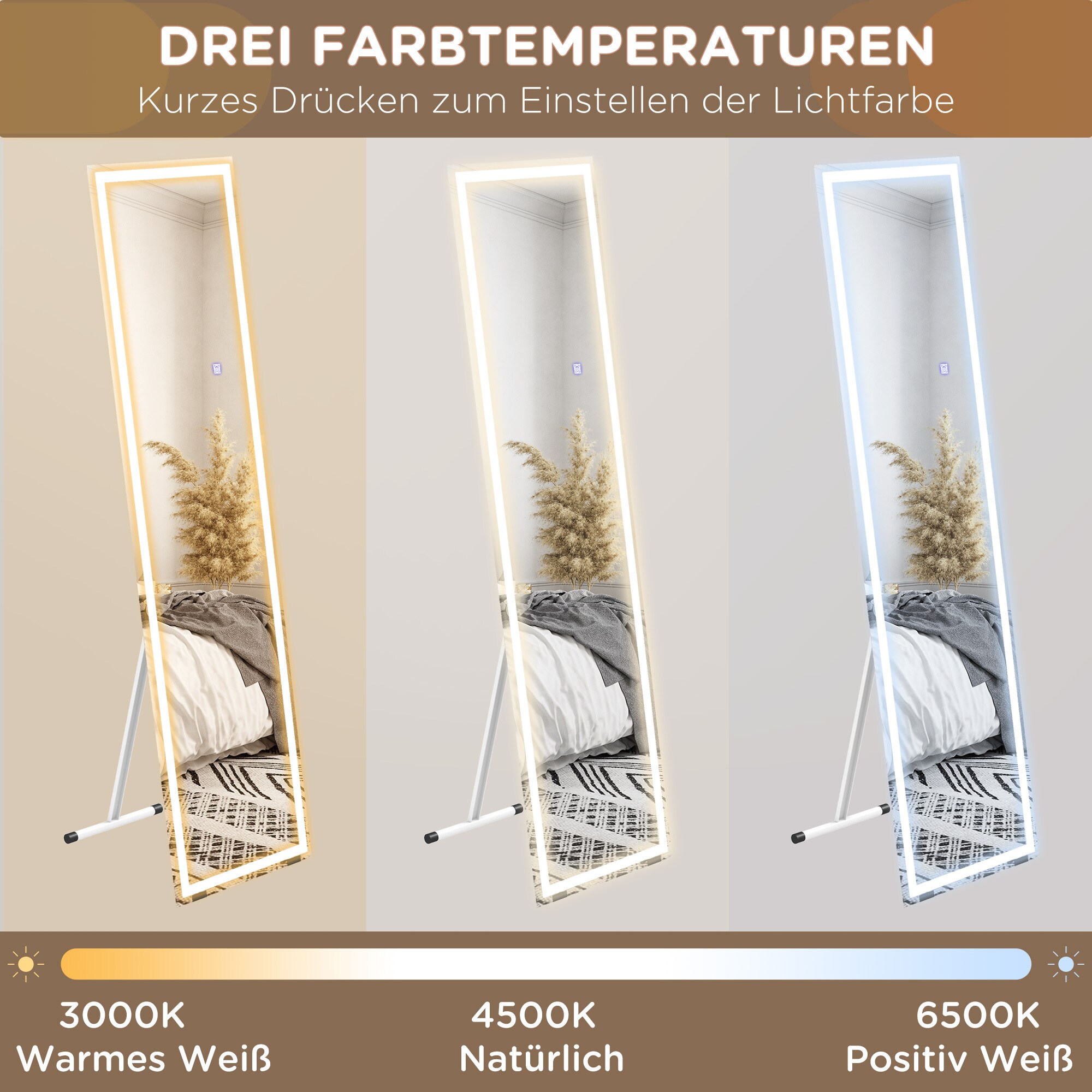 HOMCOM Ganzkörperspiegel mit Beleuchtung weiß 150L x 40B x 2,9H cm