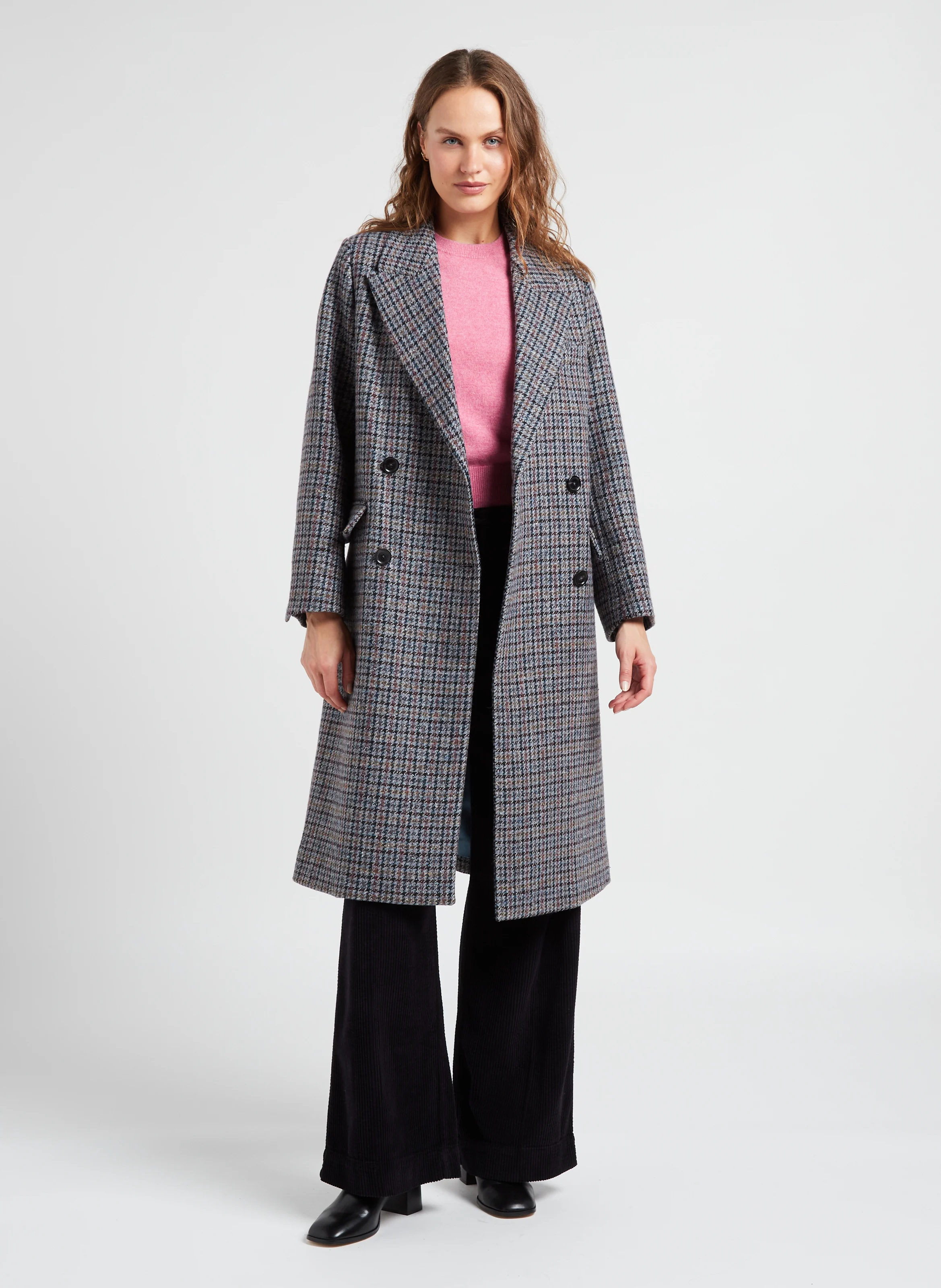 RODEZ - Manteau long col tailleur à carreaux en laine mélangée | Bleu