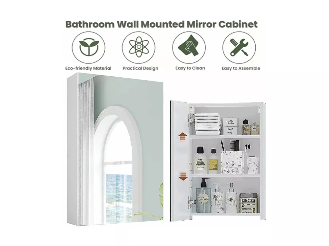 Armoire Miroir de Salle de Bain,Armoire Murale avec Miroir - 3 Étagères - 60x40x12cm - Blanc
