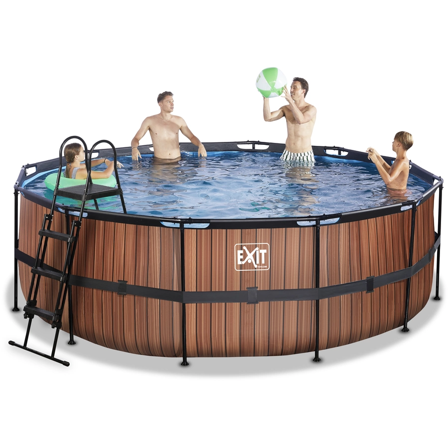 EXIT Frame Pool ø427x122cm (12v Kartusche Filterpumpe) – Holz optik