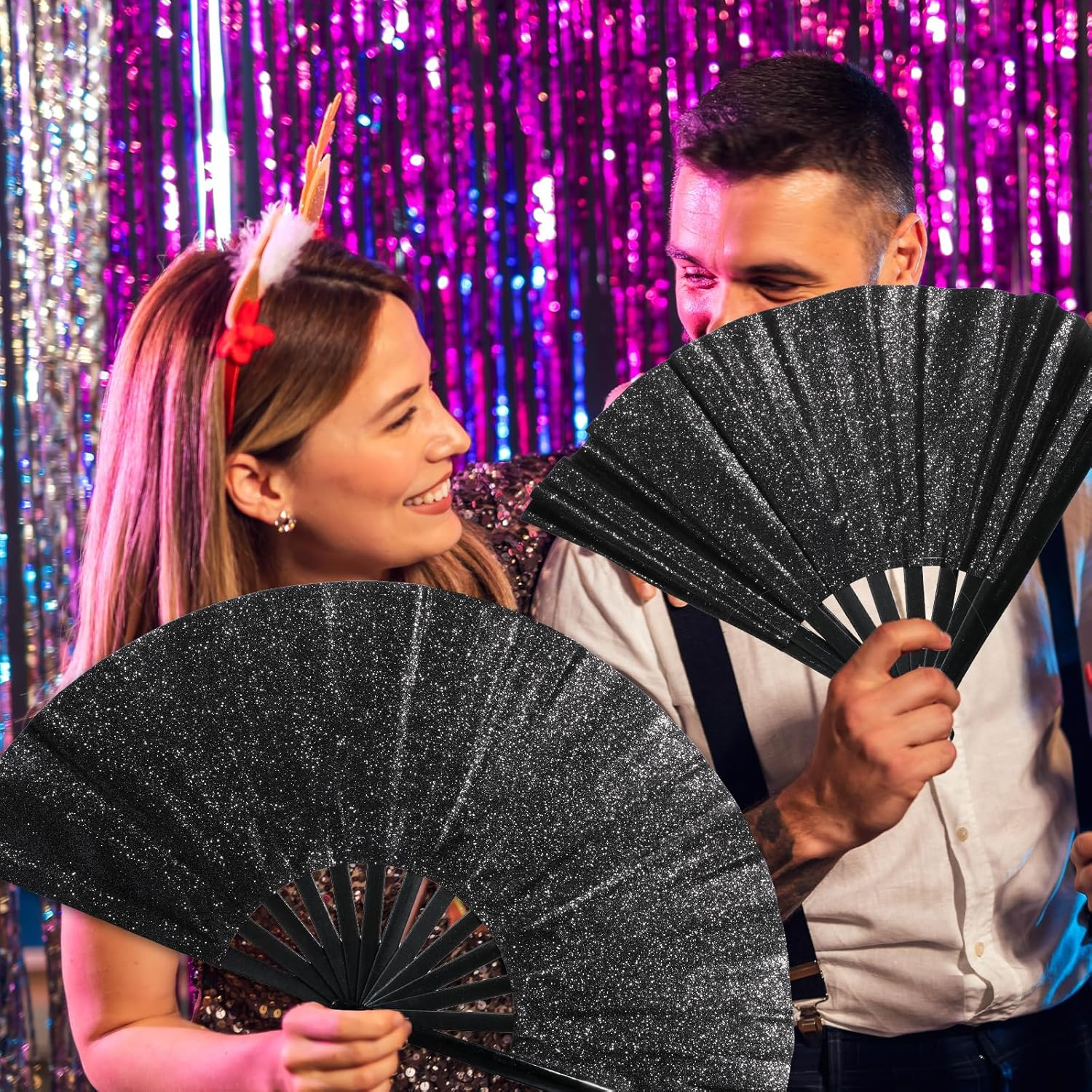 Bambus Fächer Faltbarer Glitzer Handfächer Sommer Fan - Schwarz