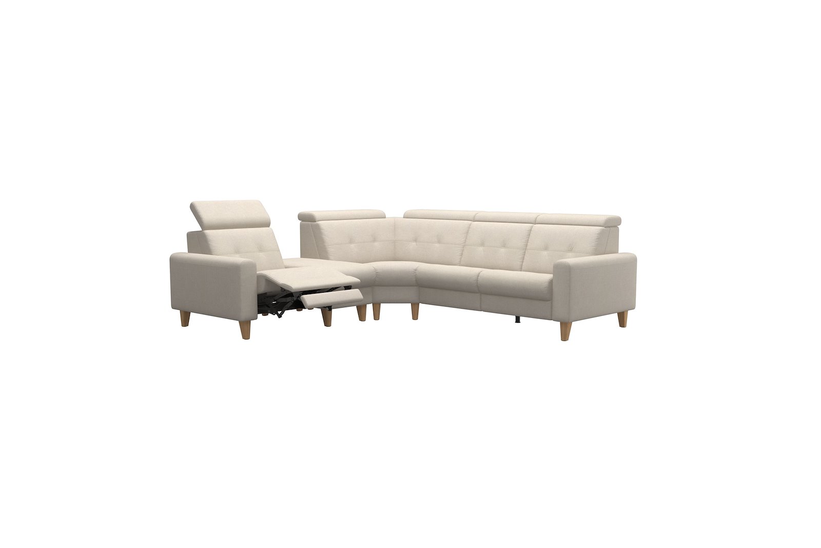 Anna C12 hjørnesofa (PCenterCMM) Tekstil Daisy Sand med A1 arm og eikbeisede skrå ben, 14 cm. (Power-Center-CornerManual-Manual)
