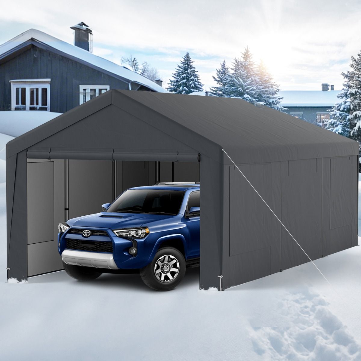 Abri de Voiture 595 x 300 cm Extérieur Tente de Garage avec 8 Parois Latérales Amovibles Portes Enroulables Fenêtres Ventilées Gris - Lidl-Manfred