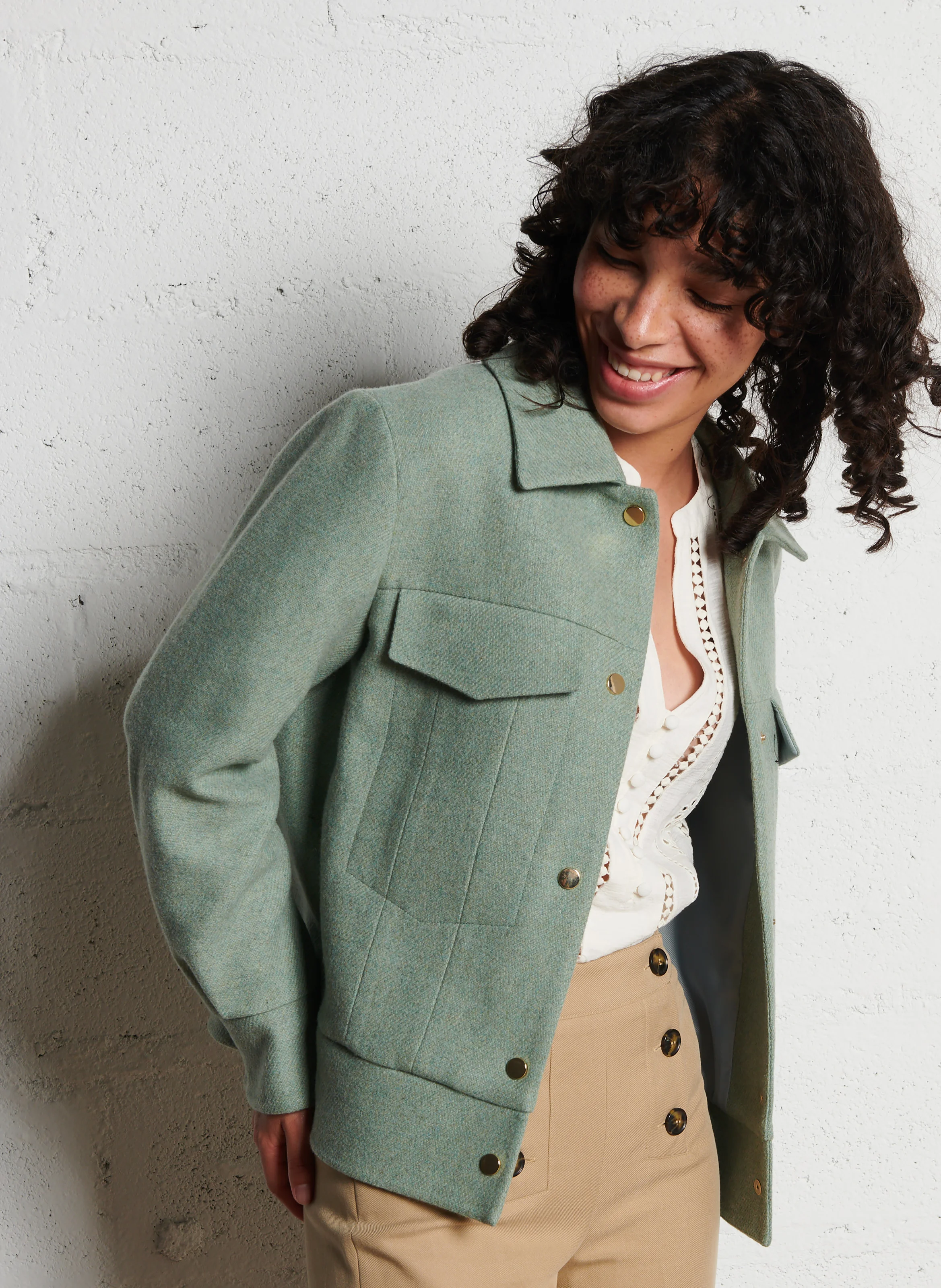 FIERCE - Veste col classique droite en laine mélangée | Vert