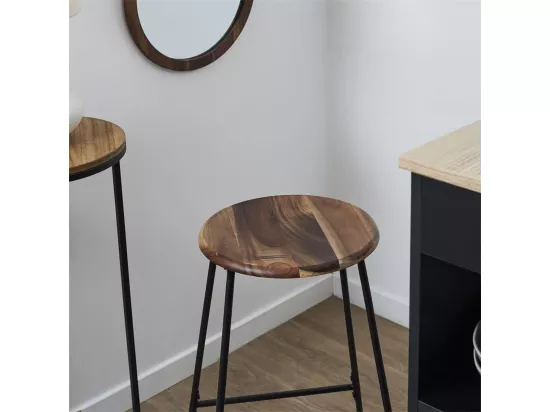 LUCIEN - Tabouret de bar en métal filaire noir et assise en acacia