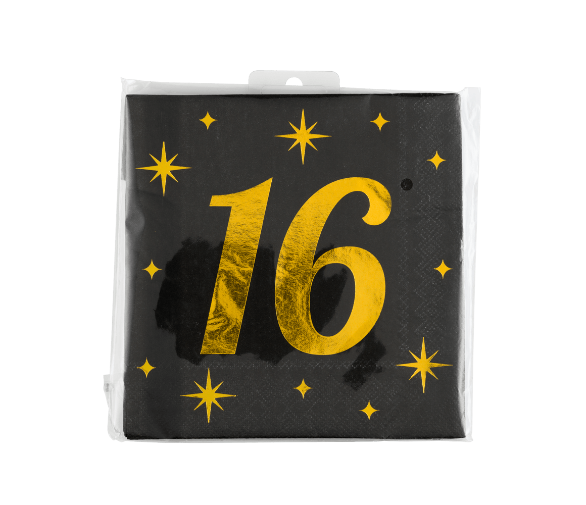 16 Jaar Servetten Zwart Goud 19cm 16st