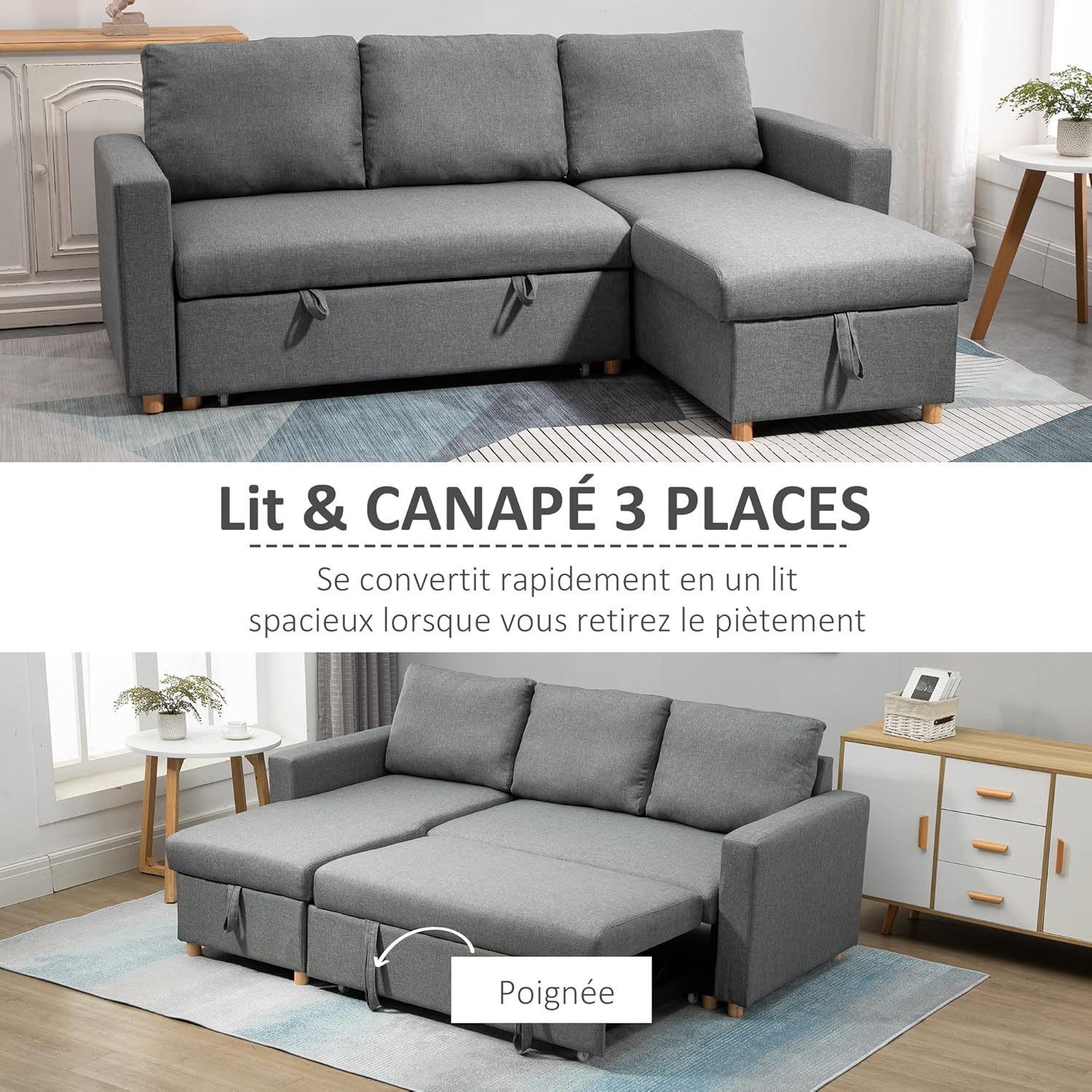 HOMCOM Ecksofa, 3-Sitzer, ausklappbar, Ottomane, wendbar, mit integrierter Aufbewahrungsbox, Füllung aus hochdichtem 24D-Schaumstoff, Polyestergewebe, Leinenoptik, grau