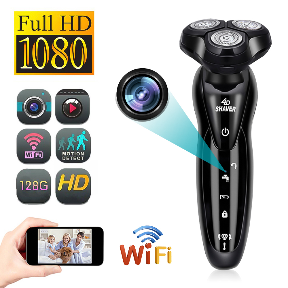 Elektrischer Rasierer mit integrierter Mini WiFi Kamera Full HD 1080p mit Akku und LED-Anzeige (iOS/Android) - Schwarz
