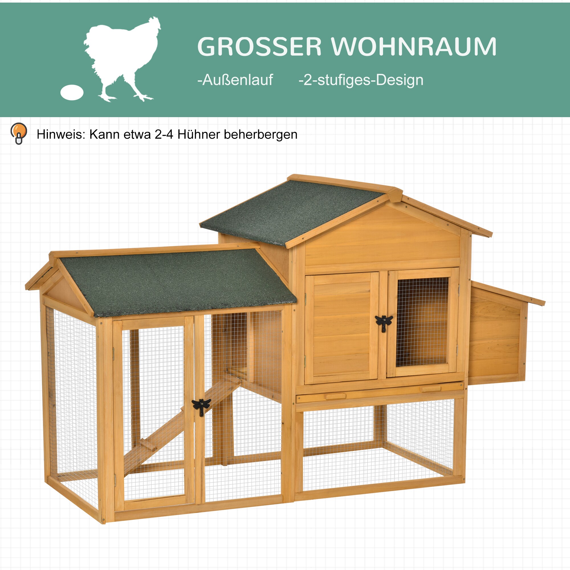 PawHut Zwerghühnerstall mit Ruhekasten und Brutkasten gelb, grün 168 x 75 x 103 cm (BxTxH)