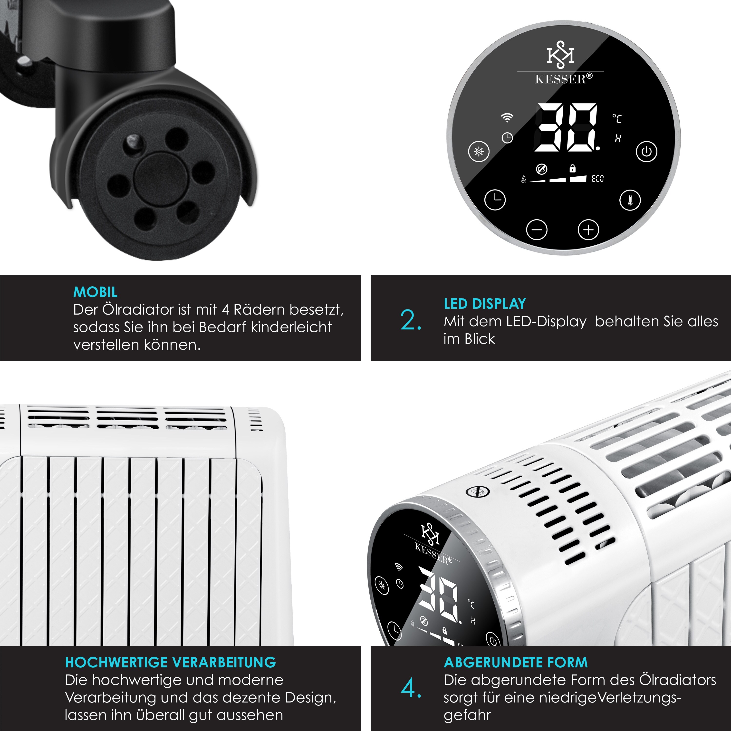 KESSER® Ölradiator 2500W Elektrische Heizung Heizkörper Elektroheizungenergiesparend mit Display WiFi App & Fernbedienung Touchscreen - Mobil Öl Radiator 24h Timer, Thermostat & Überhitzungsschutz