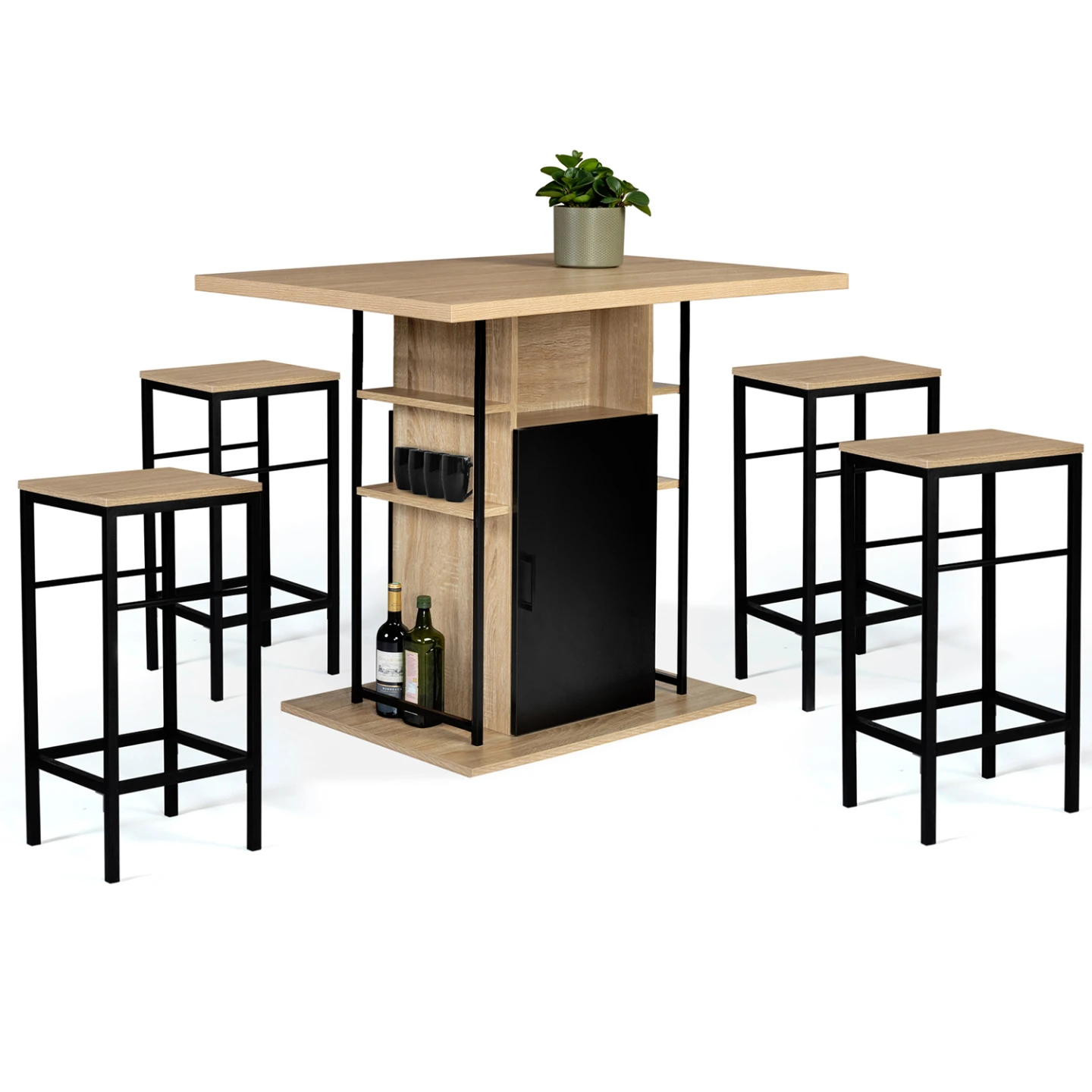 Ensemble ilot central 110 cm bois noir et imitation hêtre et 4 tabourets design industriel
