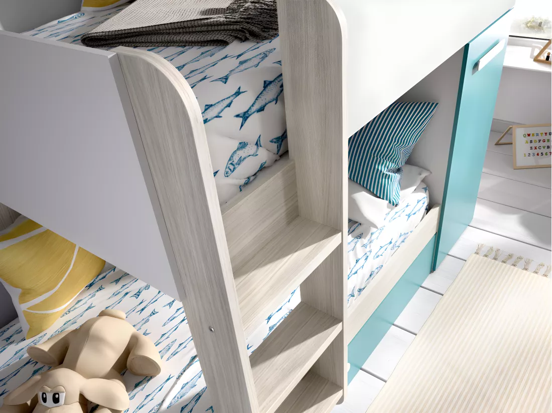Lits Superposés ANTHONY avec rangements 3 x 90 x 190 cm - Blanc chêne et bleu + matelas