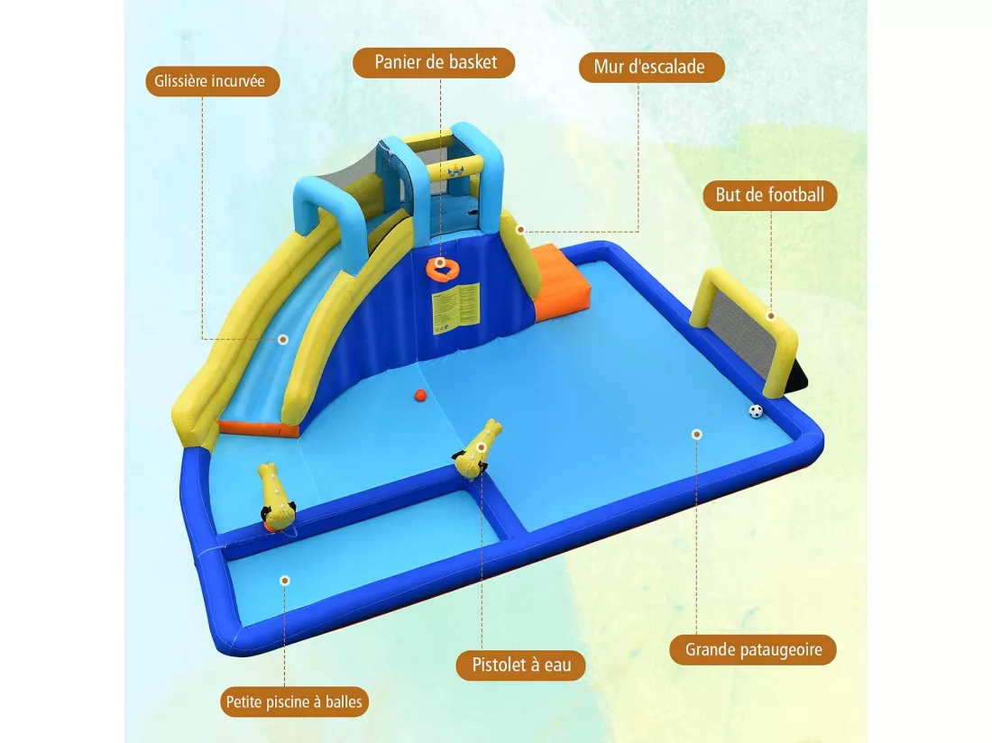 6 en 1 Château Gonflable Aquatique avec Piscine et Toboggan, Maison de Rebond Gonflable avec Panier de Basket, Mur d’Escalade, Pataugeoire pour Enfants de 3 Ans+