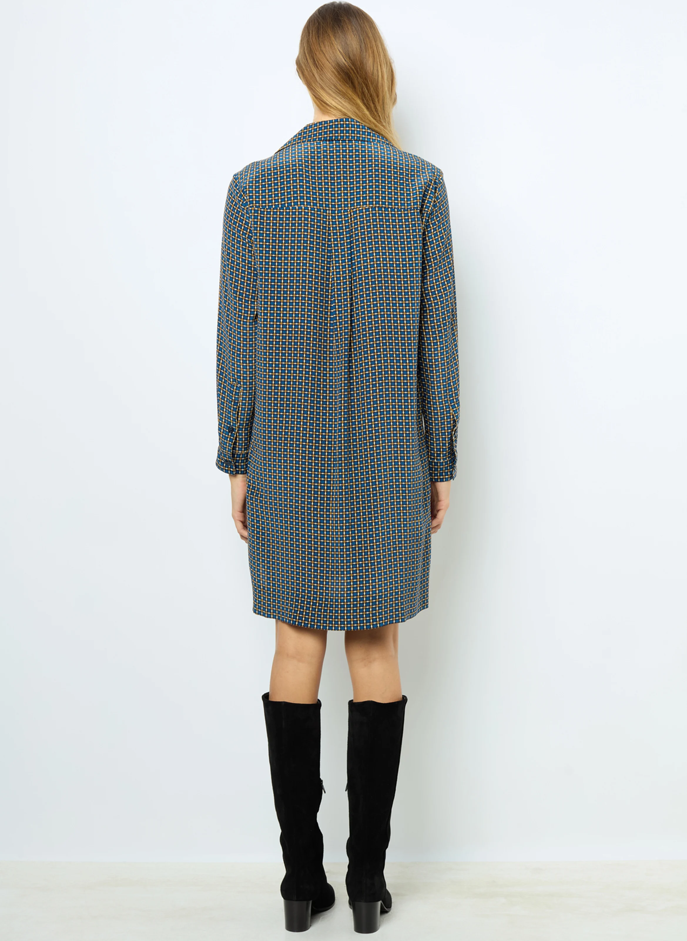 SAPHIA - Robe droite col classique en soie | Bleu