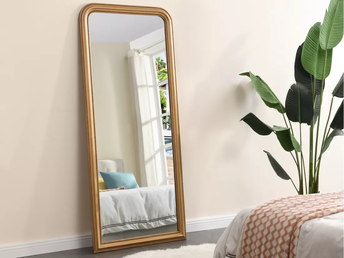 Grand miroir style vintage en bois de paulownia - L. 80 x H. 180 cm - Doré effet laiton- HELOISE